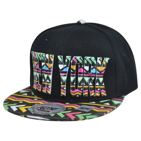 Split Bill Cap - New York City Big Apple Aztec Print Snapback Black Adjustable Flat Bill Hat Cap