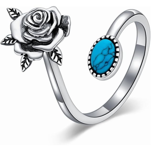 THOYAS 925 Sterling Silver Turquoise Exquisite Oxidized Spoon Ring Boho Style Adjustable Rings Jewelry Gifts for Women Mother