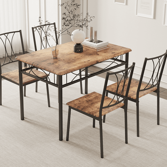 Dining Table Set for 4, Kitchen Table and Chairs for 4, Rectangle Kitchen Table Set with 4 Upholstered Chairs for Apartment, Small Space, Retro Gray