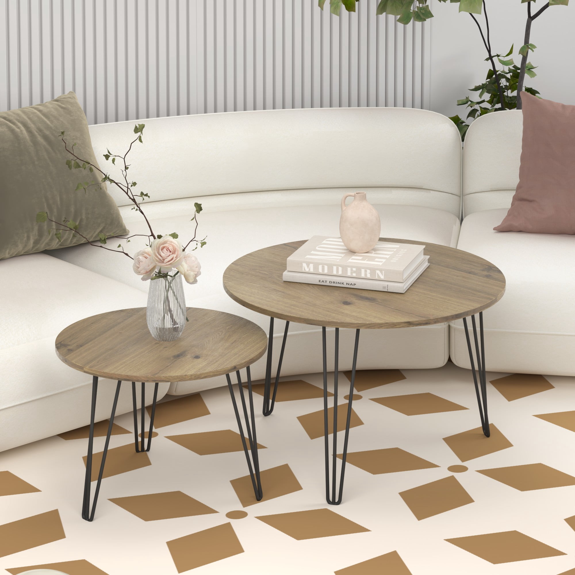 27.56'' Round Nesting Coffee Table Set of 2,Wooden End Table Set, with Metal Base for Living Room,Bedroom,Brown