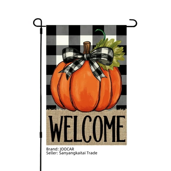 JOOCAR Welcome Pumpkin with Black White Plaid Bow Linen Garden Flag for Fall Autumn Home Outdoor Garden Yard Door Decor 12x18 inch