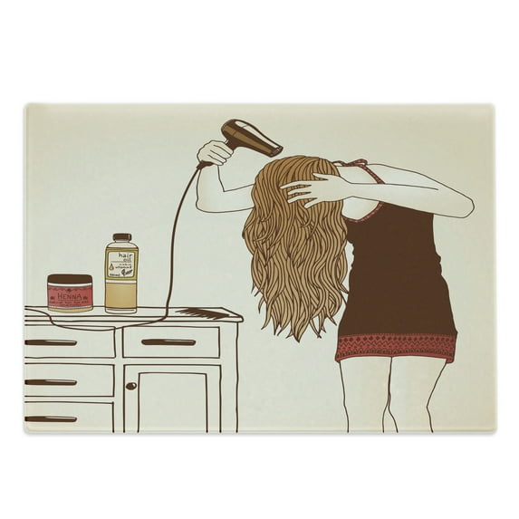 Feminine Cutting Board, Hair Care Concept with a Girl in the Bathroom Self-care, Decorative Tempered Glass Cutting and Serving Board, in 3 Sizes, by Ambesonne