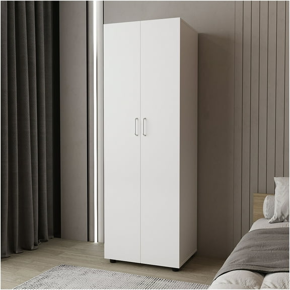 JERFIT White Modern Armoire with Hanging Rod, 2-Door Freestanding Closet Organizer for Bedroom, Freestanding Storage Cabinet