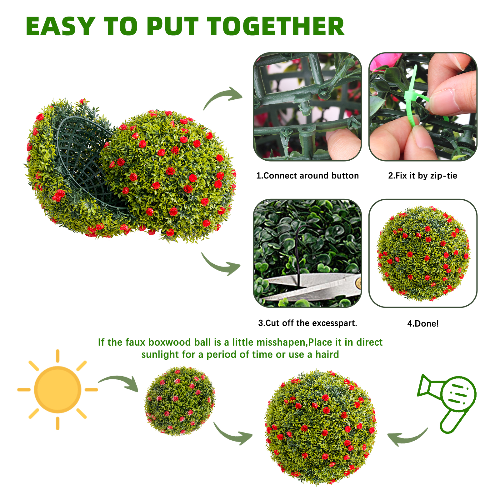 4Pcs Artificial Boxwood Topiary Ball with Flowers - 12.6" Faux Greenery for Outdoor Planters, Porch & Patio Decor