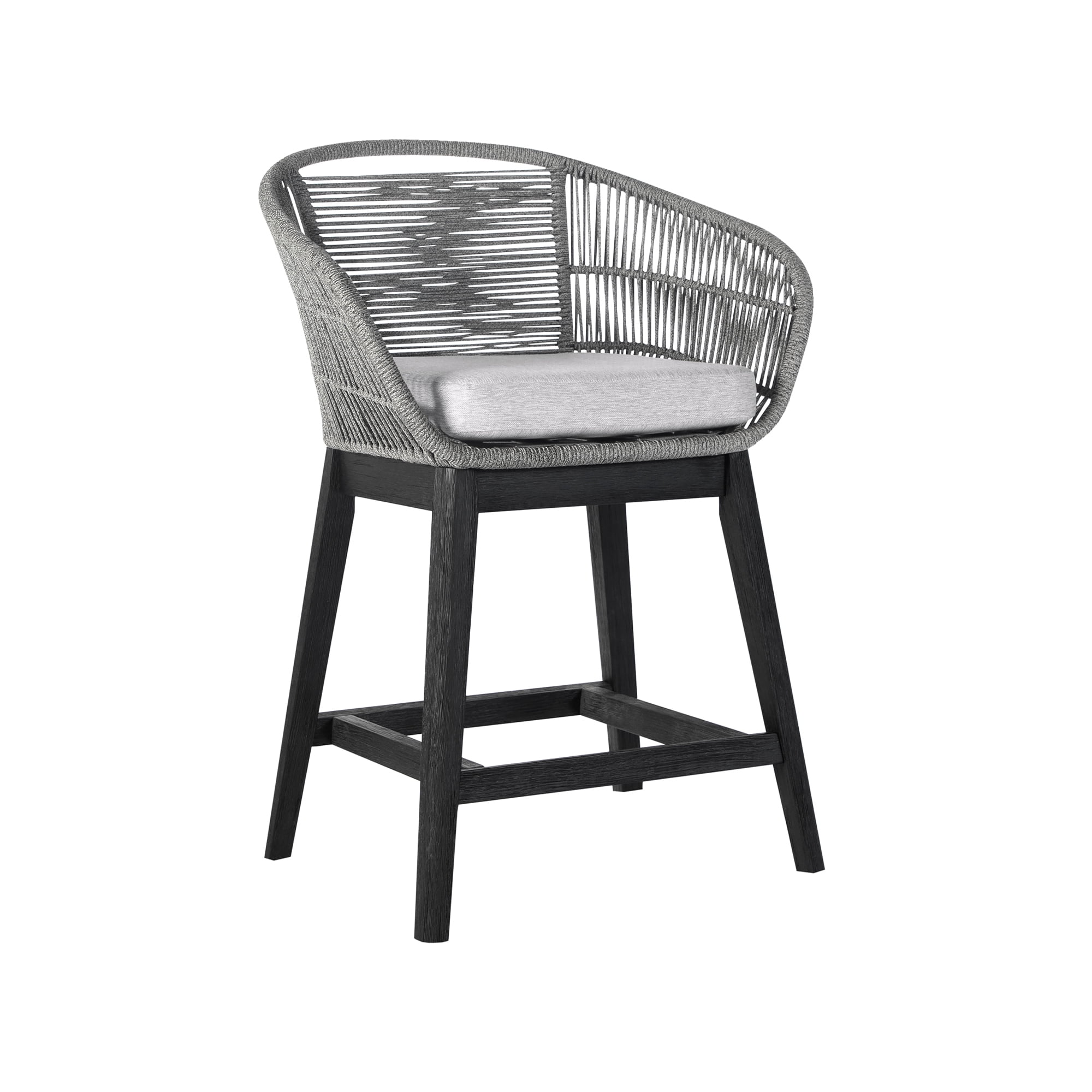 Tutti Frutti Indoor Outdoor Counter Height Bar Stool in Black Brushed Eucalyptus Wood with Gray Rope - Set of 2