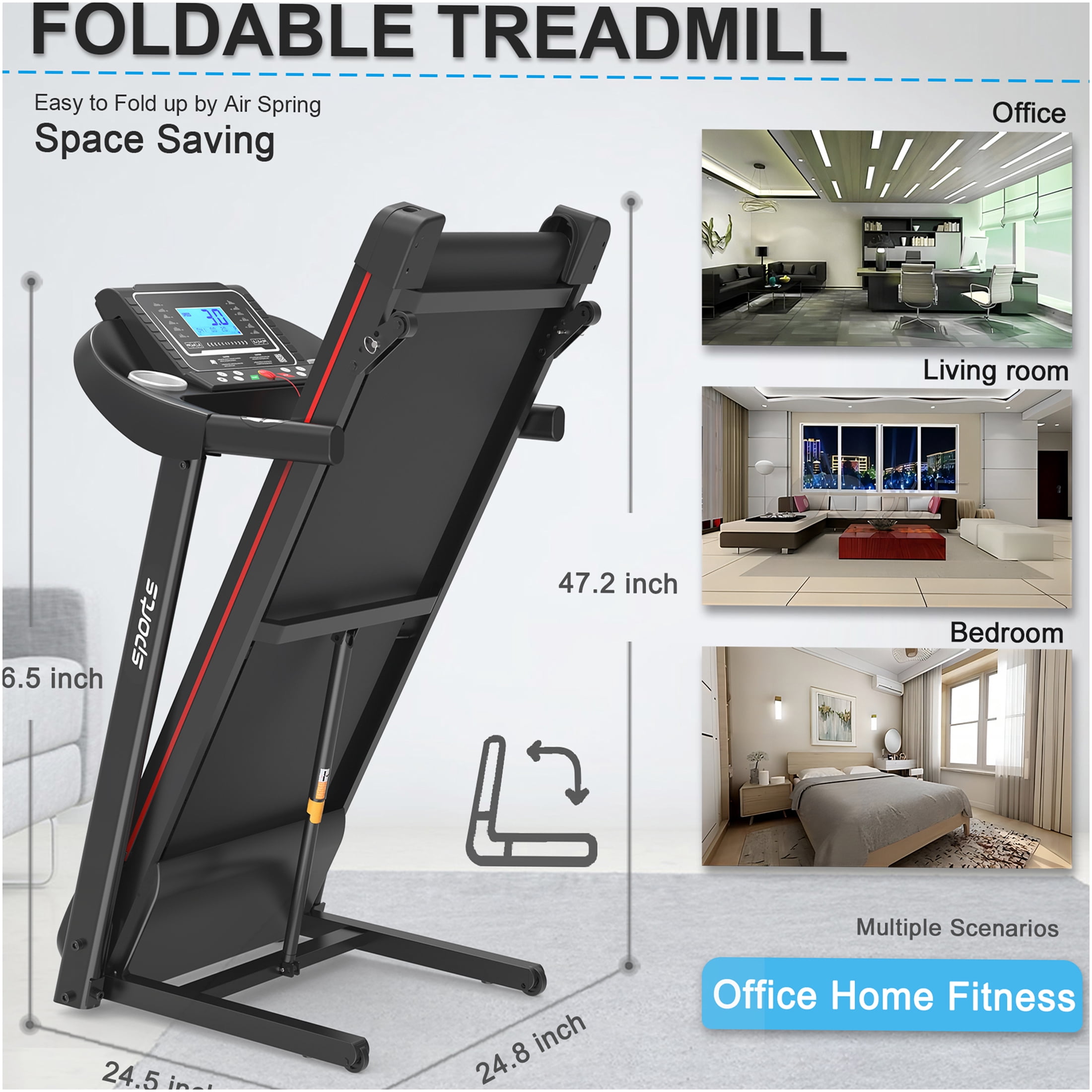 JERFIT Foldable Electric Treadmill with Incline, 2.5HP Motor, 5" LCD Display, Bluetooth, App Control, Compact for Home Cardio Workout, 250LB Capacity