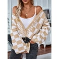 thumbnail image 4 of Womens Checkered Sweater Color Block Plaid Cardigan Oversized Long Sleeve Knit Open Front Coats Khaki M, 4 of 8