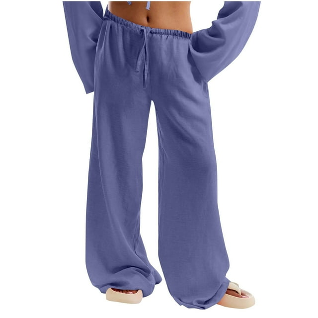 Jgppe Linen Pants for Women Classic Solid Color Low Waist Drawstring Wide Leg Casual Long Pants