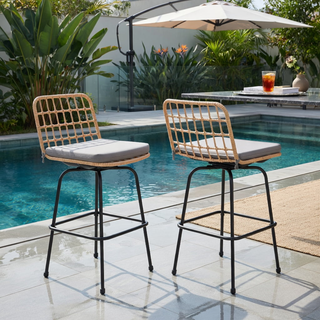 Hommoo 2-Pack Modern Swivel Bar Stools with Cushions & Light Brown PE Rattan, Heavy-Duty Outdoor Patio Barstools for Backyard, Balcony, Poolside, Gray