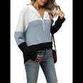 thumbnail image 3 of Suéter con Capucha y Media Cremallera para Mujer, Talla Grande, Color Block, Punto Acanalado, Cuello en V, Larga Azul XL, 3 of 10