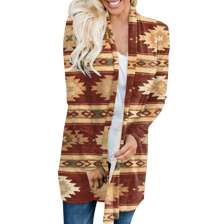 QYZEU Lightweight Sweaters for Women Summer Women Knit Cardigan Womens  Western Ethnic Print Retro Casual Aztec Print Long Sleeve Shirt Cardigan  Top