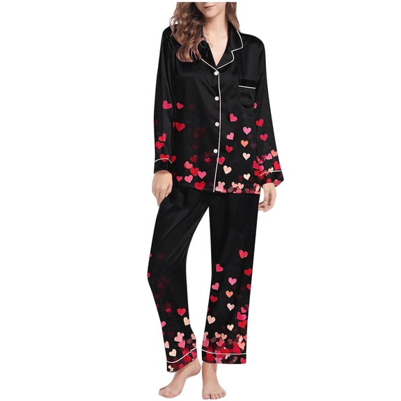 Iyufng Valentines Day Pajama Sets for Women Plus Size,Womens Pajama Sets Long Sleeve Casual Fashion Valentine's Day Printed V-Neck Lapel Sleepwear Sets (Top Pants) S-XXL