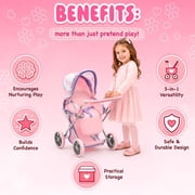 Dolls To Play Baby Doll Convertible Pram Stroller with Removable Bassinet Carrier, Adjustable Handle, Canopy & Storage Basket, Purple, 25 Inch