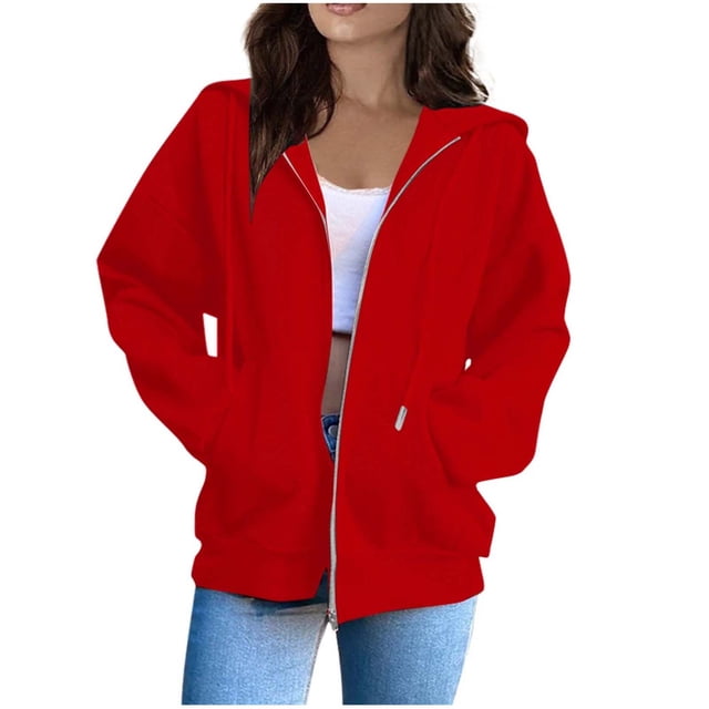 Ccpelsie Chandails à Capuchon pour Femmes, Chandail à Capuchon à Fermeture à Glissière Décontracté à Manches Longues, Chandails à Capuchon avec Poches pour la Randonnée et le Jogging (Rouge, TG)
