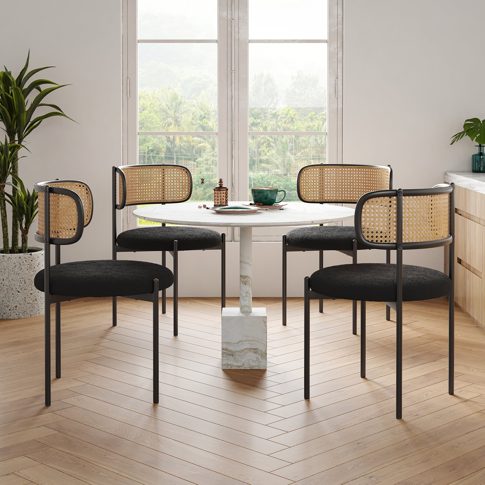 Farini Upholstered Dining Chair Set of 2, Rattan Backrest Kitchen Chair, Black