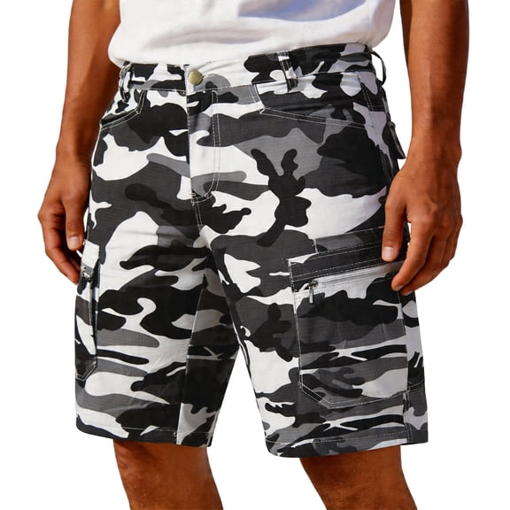 Havenx Military Cargo Shorts for Men Camouflage Knee Length Elastic Waist Cargo Shorts with Multi-Pockets Stretch Button Short Pants Casual Outdoor Hiking Breathable Travel Work Wear,White L