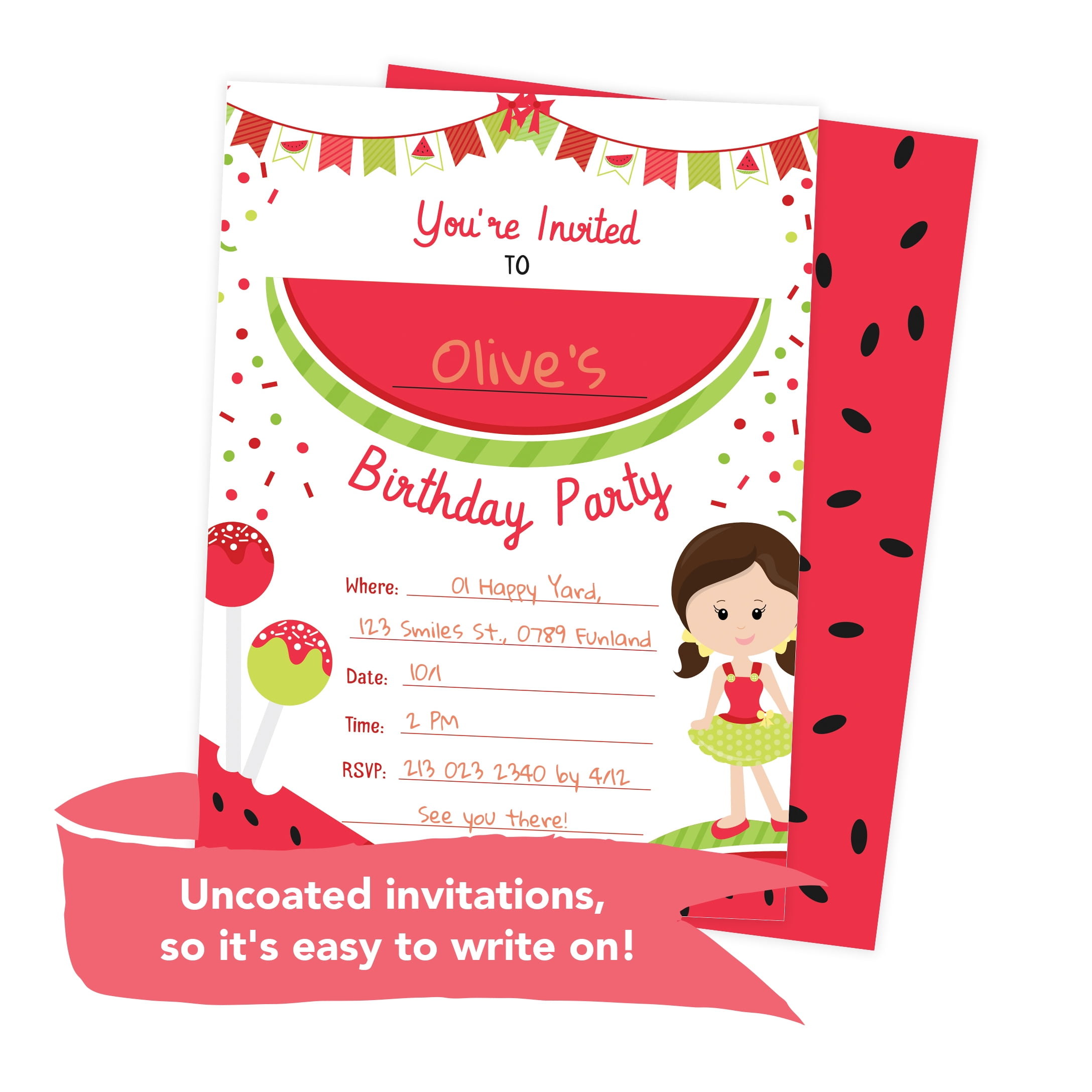 Watermelon 1 Happy Birthday Invitations Invite 25ct w Envelopes Seal Party 