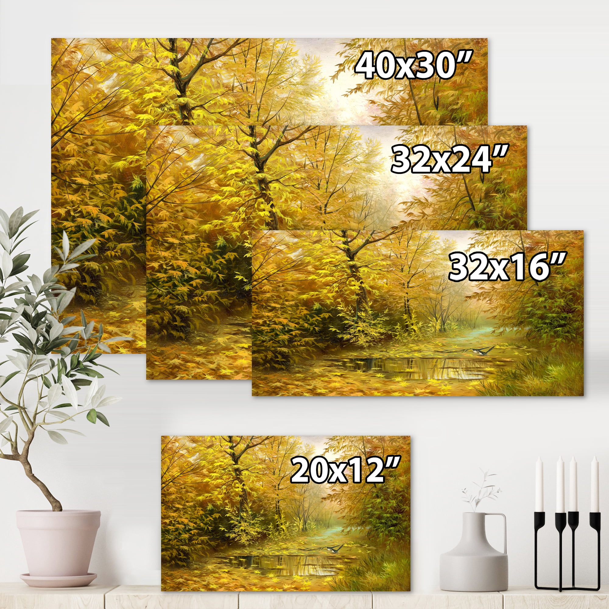 Designart ' Rain Water On Road In Yellow Woodlands ' Country Canvas Wall Art Print