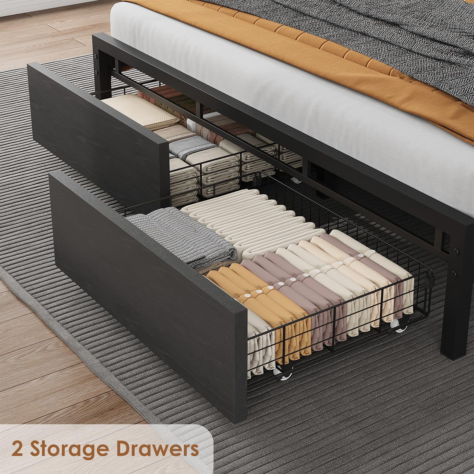 Ataucjin Full/Queen/King Size Bed Frame with Storage Headboard,Upholstered Platform Bed Frame with 2 Large Drawers and Charging Station,No Box Spring Needed,Noise Free,Easy Assembly