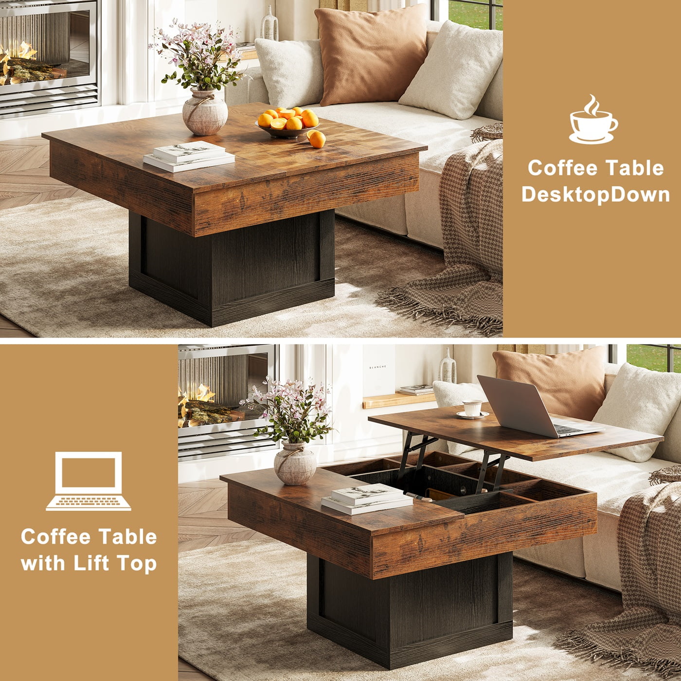 GUNAITO Lift Top Coffee Table with LED Lights, Modern Farmhouse Center Table with Storage, 31.5''Hx31.5''Wx19''D, Brown