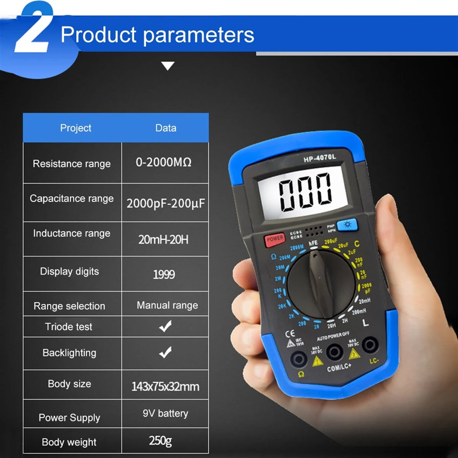 4070L Capacitance Inductance Resistor Tester Multimeter Capacitor 2000pF-200F Digital LCD Meter With Backlight LCR Meter ,Versatile Measurement