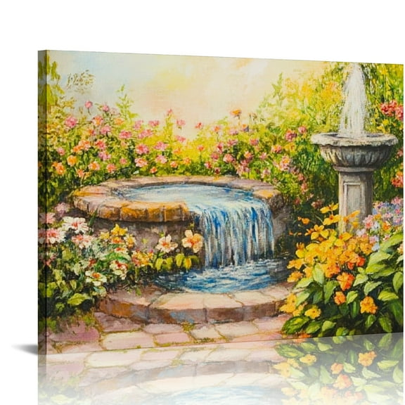 SHERONV Flowers Garden Water Fountain Canvas Wall Decor Art 20x16in