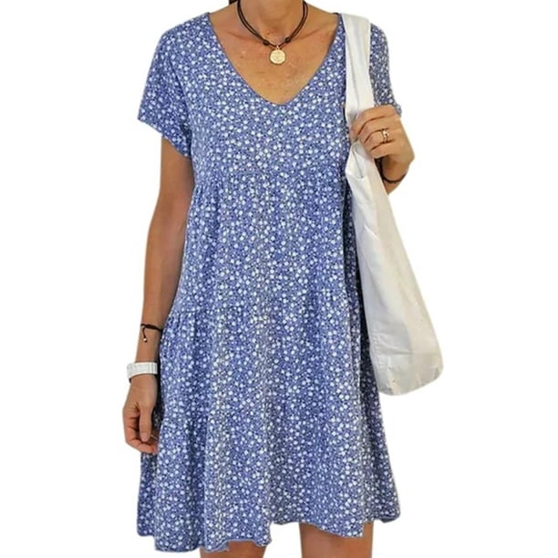 Qarigey Vestido de manga corta con cuello en V y volantes estampados para mujer Vestidos Azul XXL