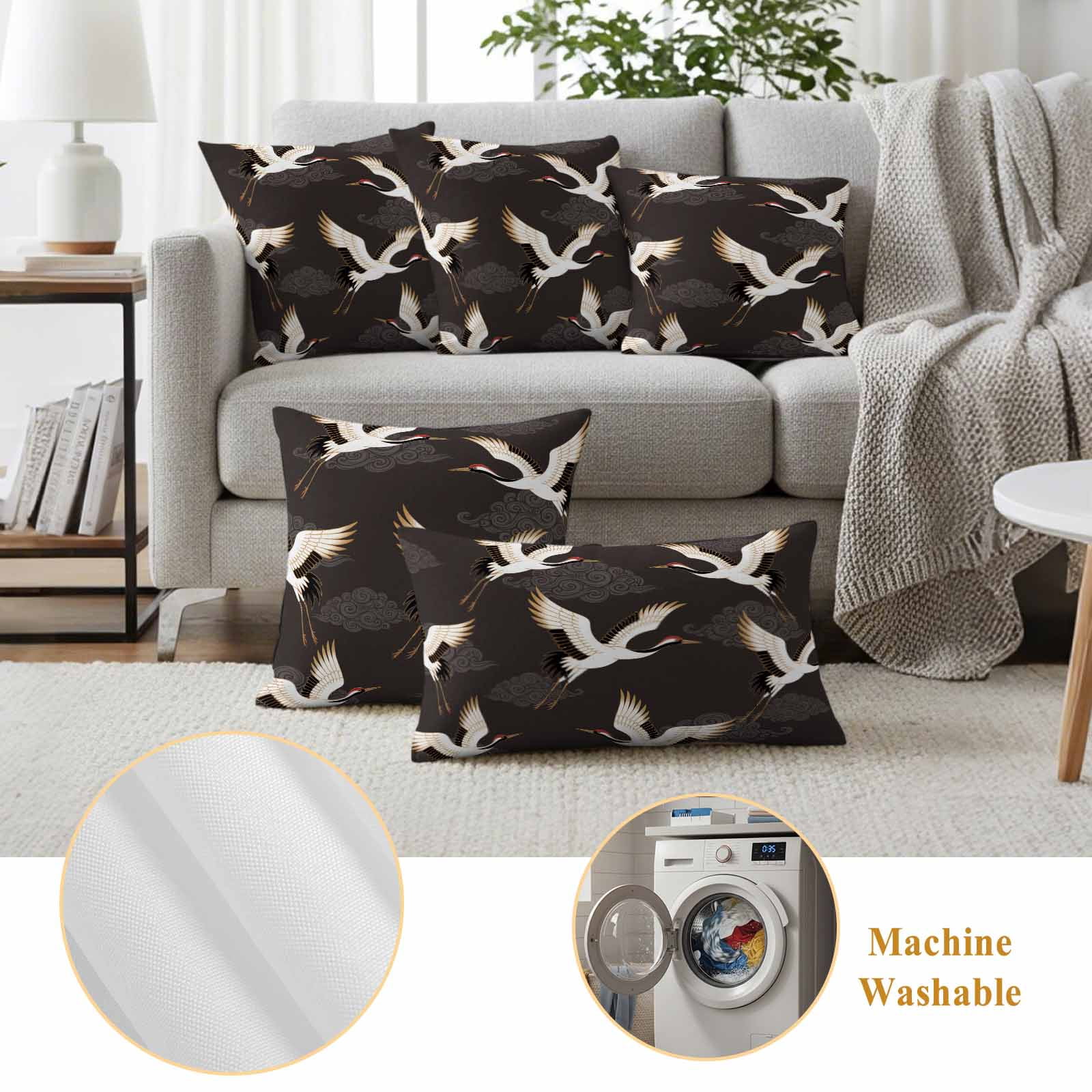 White Crane Outdoor Waterproof Throw Pillow Covers 16x16 Set of 2, Vintage Chinese Auspicious Cloud Art Brown Decorative Pillowcases Cushion Pillowcase for Couch Sofa Patio Outside Pillow Protector
