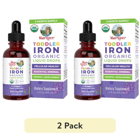 (2 pack) MaryRuth's Liquid Iron Drops for Toddlers Ages 1-3, USDA Organic, Cellular Metabolism Overall Health, Vegan Gluten-Free, Unisex, Grape Flavor, 2 fl oz