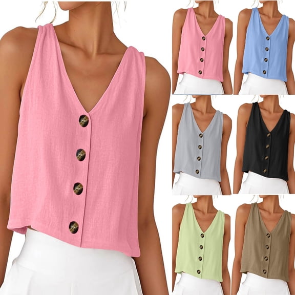 Goodtrade8 Women's Plain Shirts Dressy Casual Button up Sleeveless Cotton Linen,Work Lightweight Summer Tank Tops for Women