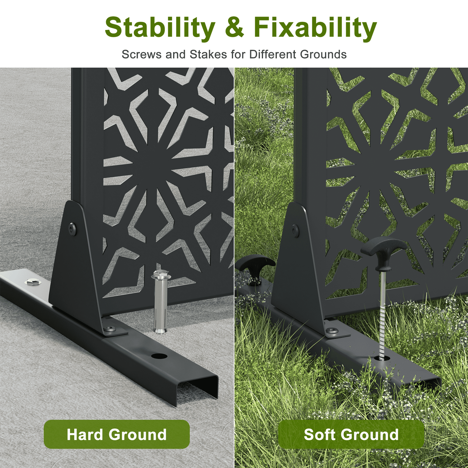 MAYEERTY 72"x47" Outdoor Privacy Screen with Stand, 3 Panels Metal Garden Decorative Screen, Black
