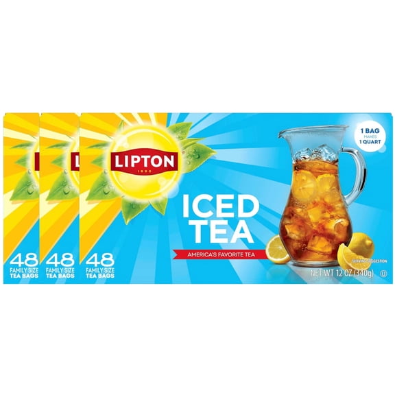 Lipton Unsweetened Family Size Iced Tea Bags, Zero Calorie Black Tea, 48 Ct (Pack of 3, Total 144 Tea Bags)