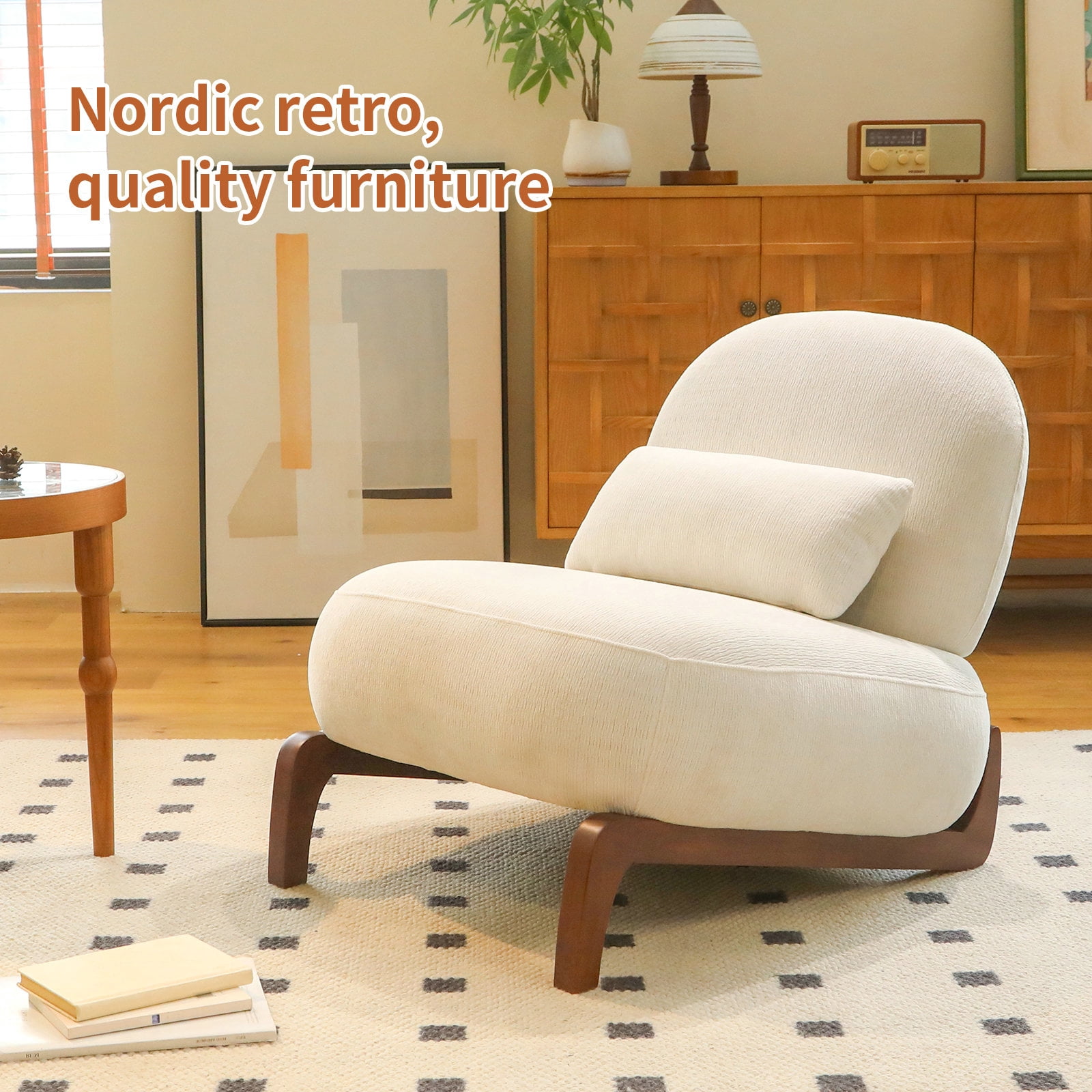 Cute Accent Chair with Solid Wood Legs, Living Room Chair with Soft Fabric Cushion, Cozy Bedroom Chair, Comfy Armless Reading Chair for Apartment, Waiting Room, Balcony (White)