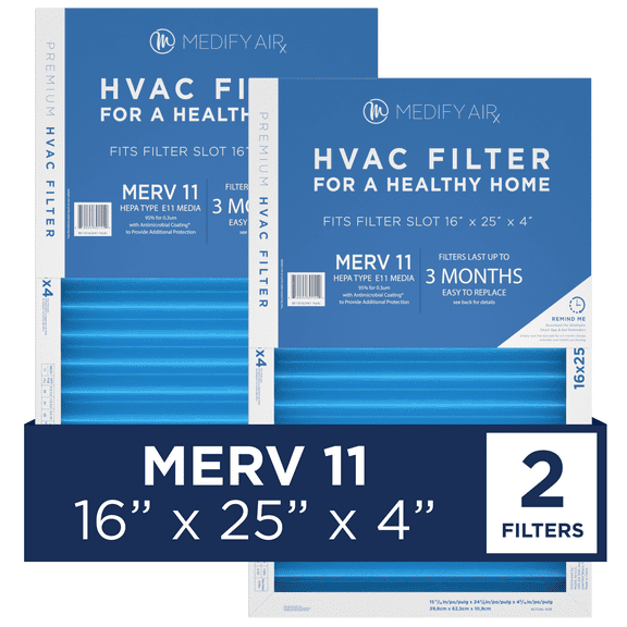 Medify Air 16x25x4 Air Filter, MERV 11 Pleated with HEPA, HVAC Furnace Filter, 2-Pack