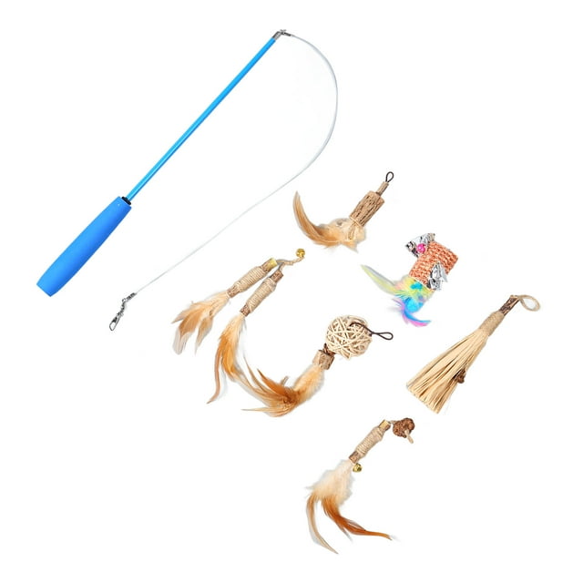 Fishing Rod Cat Toy, Cat Feather Toy High Sensitivity Safe Retractable Funny Lightweight Easy To Store With 6 Replacement Heads For Indoor