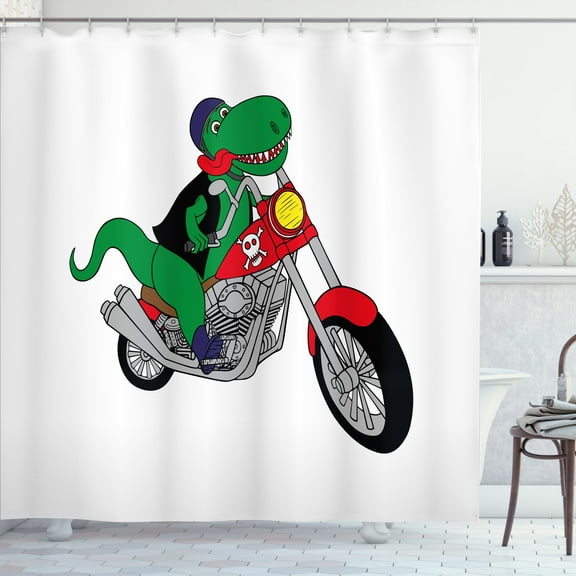 Ambesonne Dinosaur Bicycle Shower Curtain, Funny Rider T-rex, 69"Wx84"L, Green Multicolor