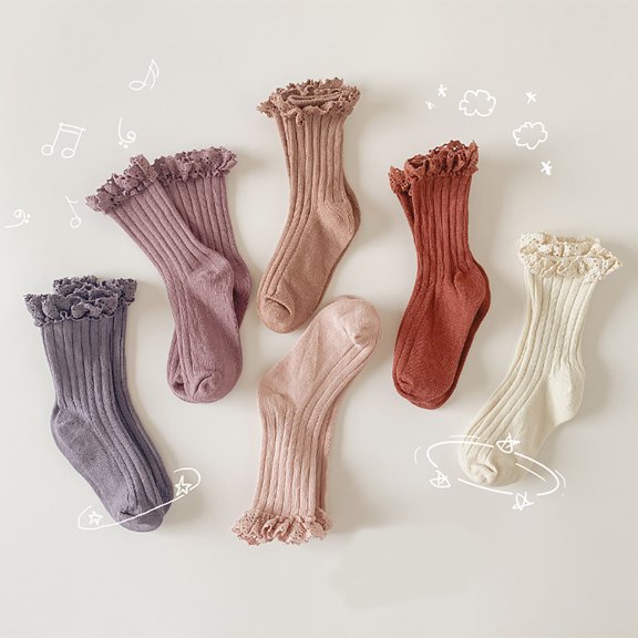 Hwmodou Toddler Socks Childrens Socks Vintage Lace Solid Color Double Needle Childrens Socks Girls Spring Autumn Mid Thigh Socks Stylish Socks,3Y-12Y