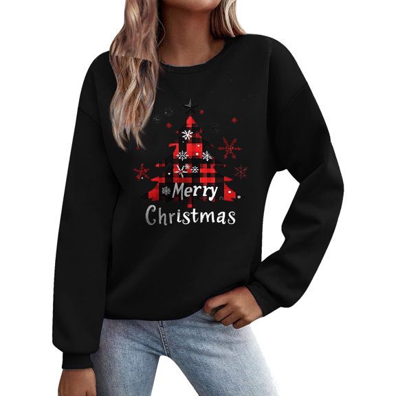 Christmas Graphic Sweatshirts for Women Letter Xmas Tree Printed Pullover Tops Long Sleeve Crewneck Tshirts Holiday Party Fall Winter Going Out No Hood Sweaters