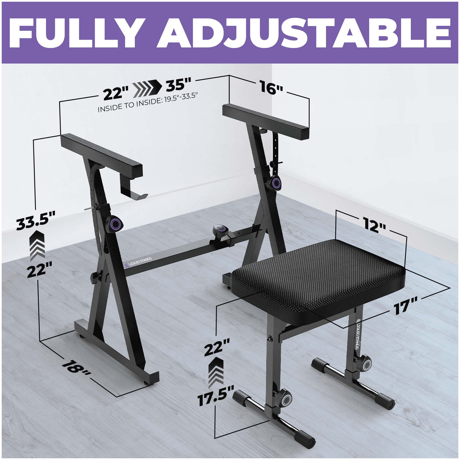 Liquid Stands Keyboard Stand and Bench Set - Portable Heavy Duty Digital Piano Stand for 54-88 Key Electric Pianos & Adjustable Piano Bench, Chair, Seat, Stool - Keyboard Music Accessories (Black)
