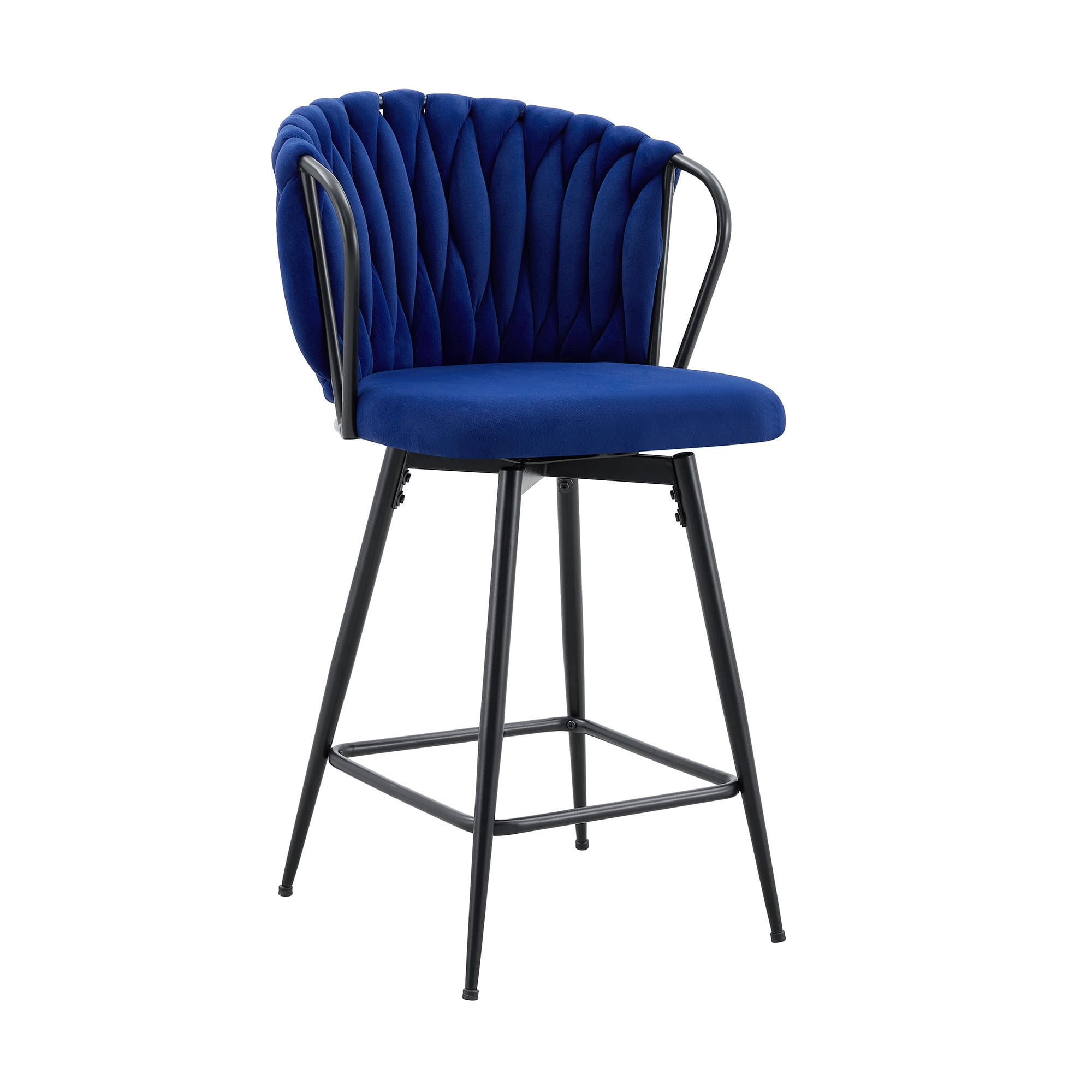 Alvantor Set of 2 Blue Velvet Braided Counter Height Bar Stools with Metal Frame