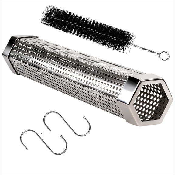 Premium Pellet Smoker Tube 12 inches,Smoke Tube for Pellet Smoker,5 Hours of Billowing Smoke,Hot or Cold Smoking,Includes 2 S-Shaped Hooks,Brush,for Any Grill or Smoker,Smoker Accessories