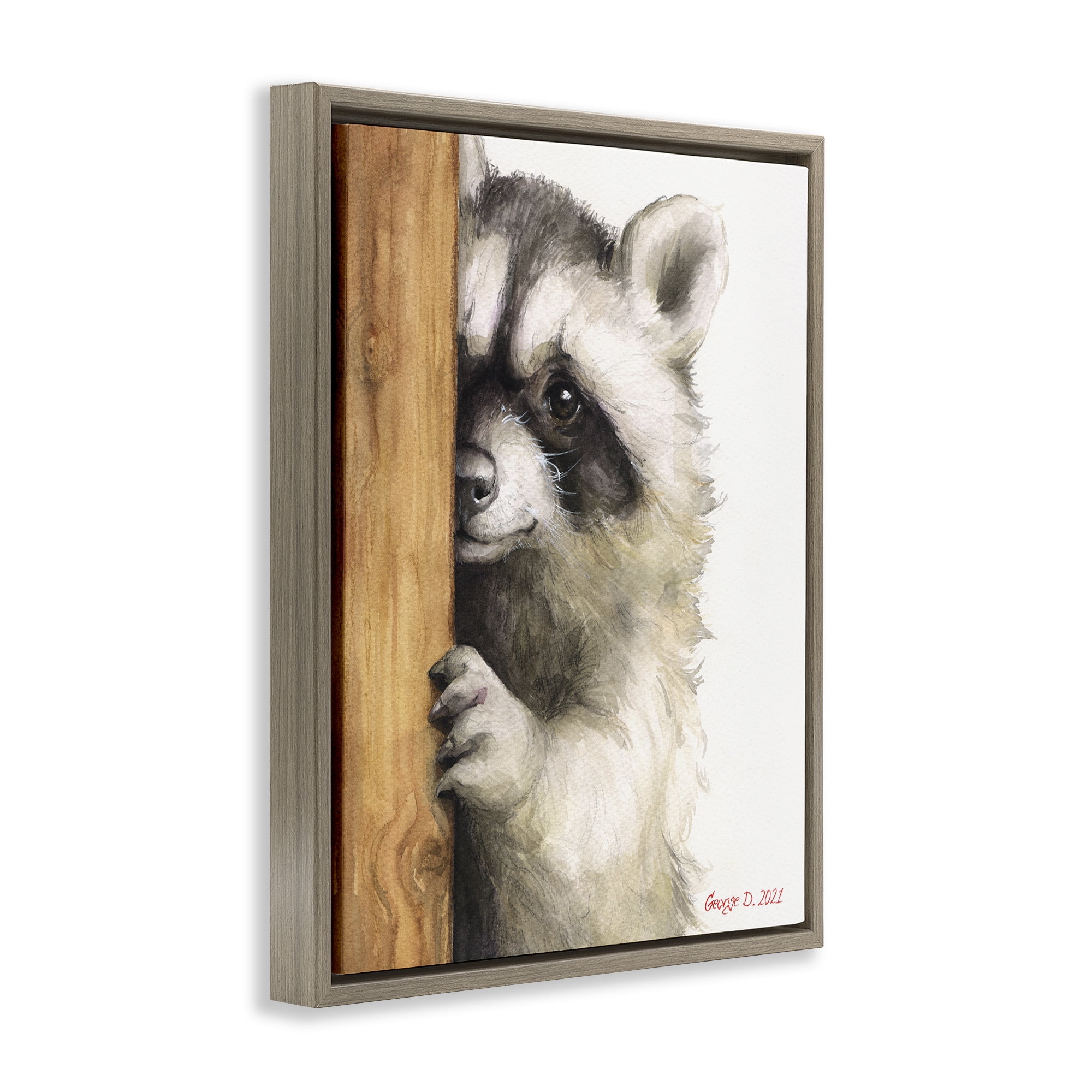 Stupell Industries Peering Raccoon Watercolor Animals & Insects Painting Brown Floater Framed Canvas Art Print Wall Art, 25 x 31