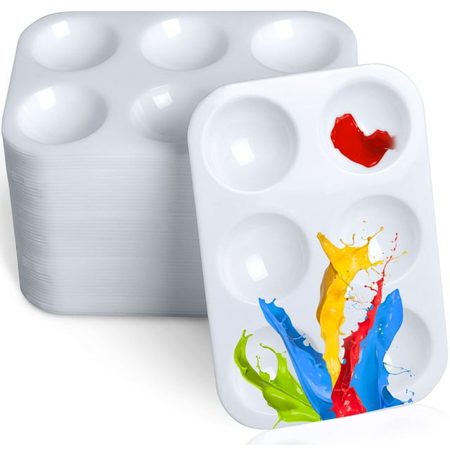 Paquete de 50 paletas de pintura de plástico blanco, paleta de acuarela rectangular pequeña blanca de 6 pozos, paleta de pintura artesanal para adultos
