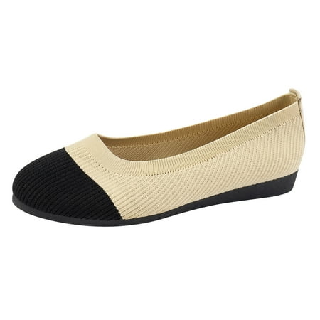 hopeusnice Clearance Women s Knitted Flat Shoes Comfortable Breathable Slip On Ballerina Flats Soft Sole Low Heel Lightweight Sneakers Beige 43