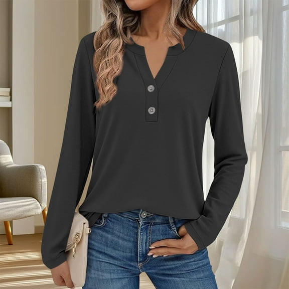 Tawop Long Sleeve Shirts for Women Dressy Casual Outfits Two Buttons Henley V-Neck Tops Blouses,Black,Size L