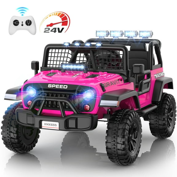 Funcid 24 Volt Ride on Toys 2-Seater Ride on Cars with Remote Control, 400W Electric Car for Kids, Ride on Truck Car W/ Bluetooth, Power Display, Music, LED Lights, Suspension, Pink