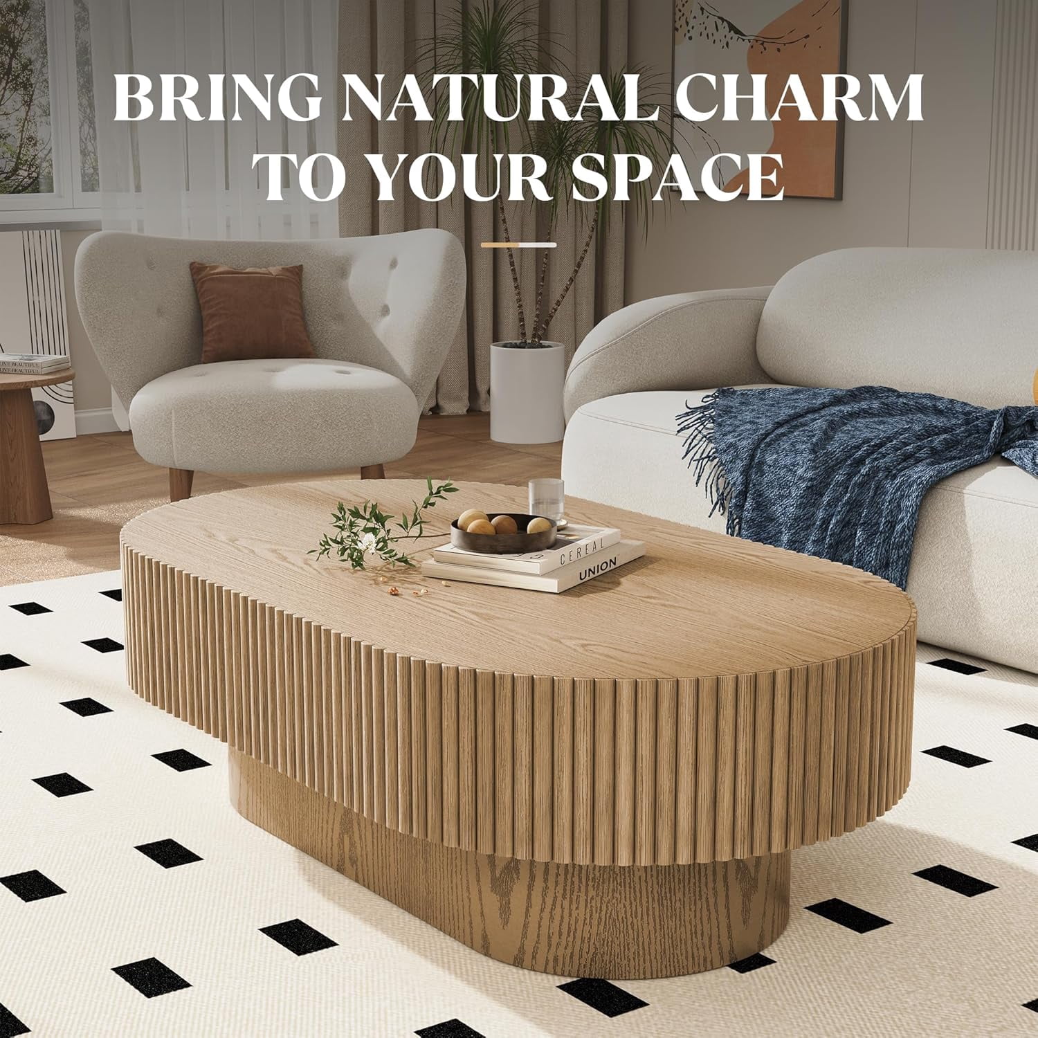 Gelloan 43.7" Oval Coffee Table, Modern Wood Fluted Coffee Table for Living Room, Relief Center Table with Sturdy Pedestal,Natural