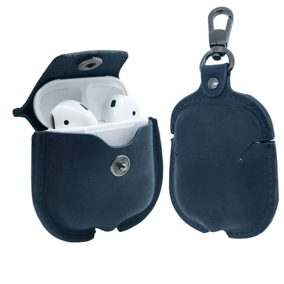 AirPods Leather Case, TUFRIND Genuine Leather AirPod case with Keychain and Button Lock for Apple AirPods 2 Case & Airpods 1, Support Wireless Charging - Legacy Snap (Navy)