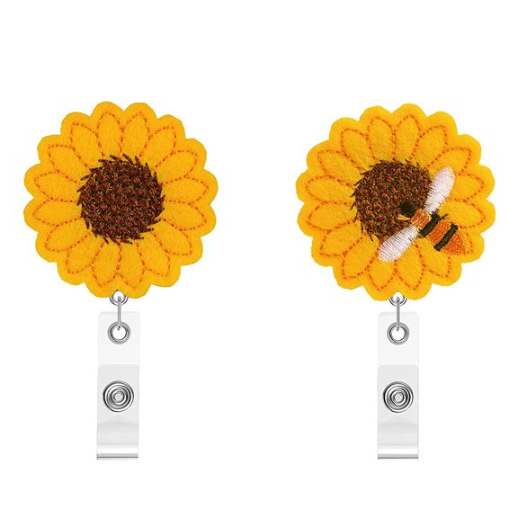 2 Pcs Sunflower Badge Reels Retractable Nurse Badge Holder Cute Felt Name ID Badge Reel with Alligator Swivel Clip for Nurses Doctors Teachers Students Volunteers Office Worker