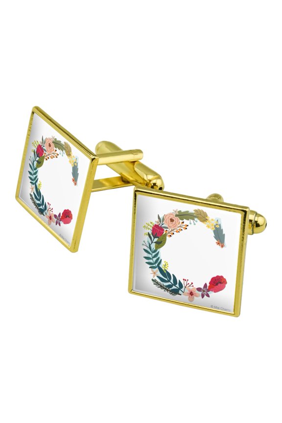 Letter C Floral Monogram Initial Square Cufflink Set - Silver or Gold